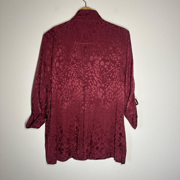 John Mark Leopard Jacquard Long Sleeve Tunic Womens Size L Boho Satin Shirt Red - Picture 9 of 9